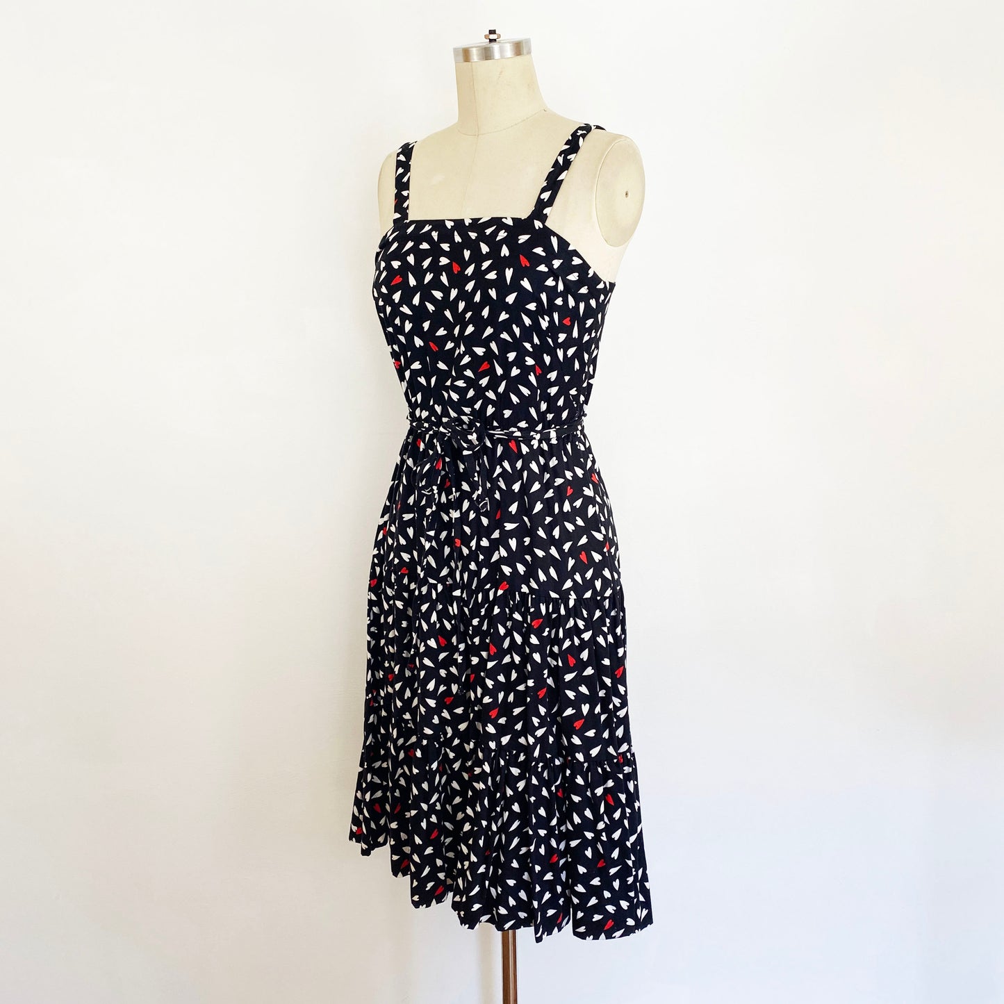 1970s Black and White Red Heart Fit and Flare Cotton Sundress Cute Playful Dress Vintage Love Dress / Murray Meisner / Small