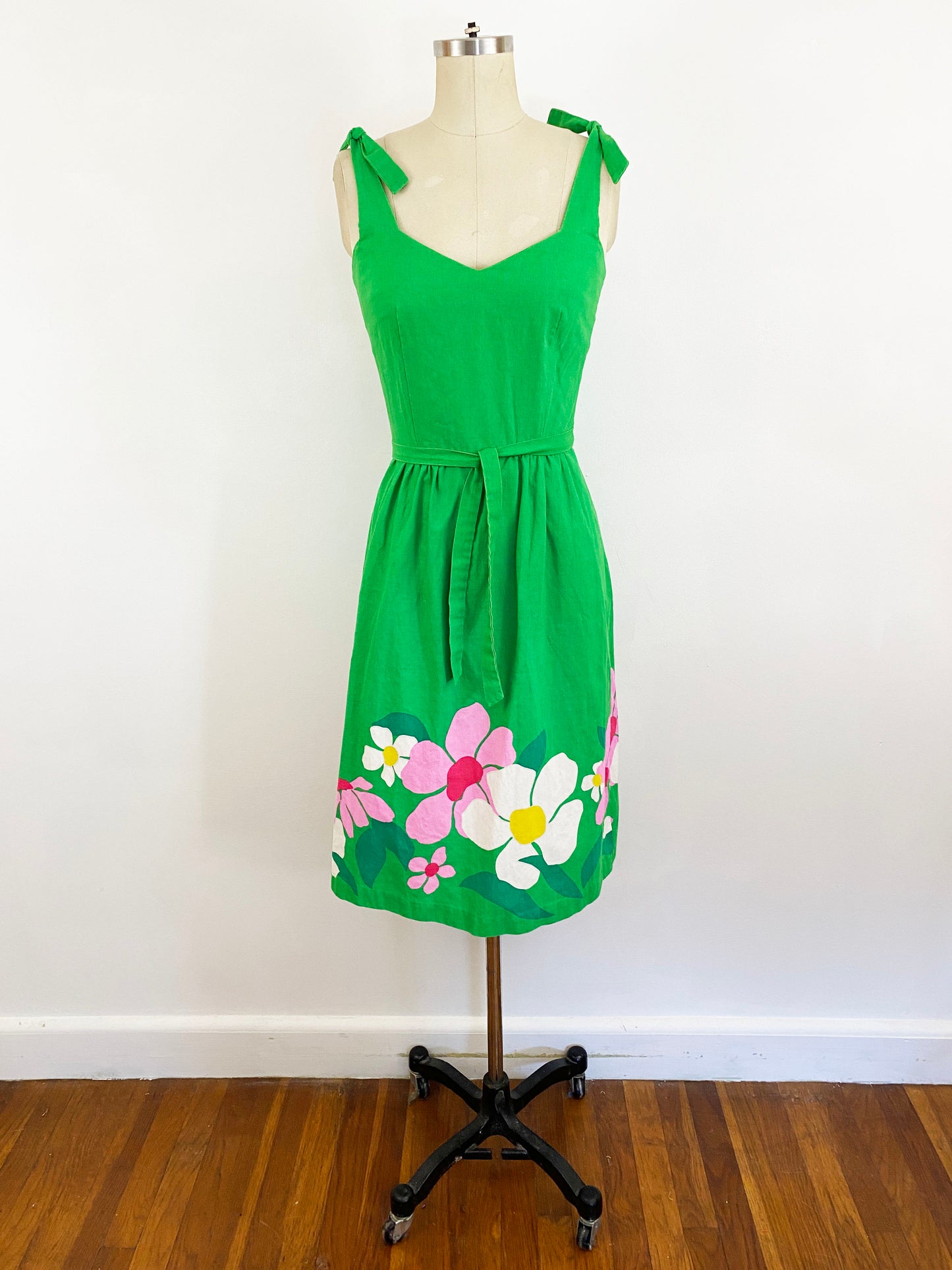 1960s Malia Honolulu Green Cotton Floral Boarder Print Sundress A-line Flower Power Hawaii Tiki Dress / Extra Small