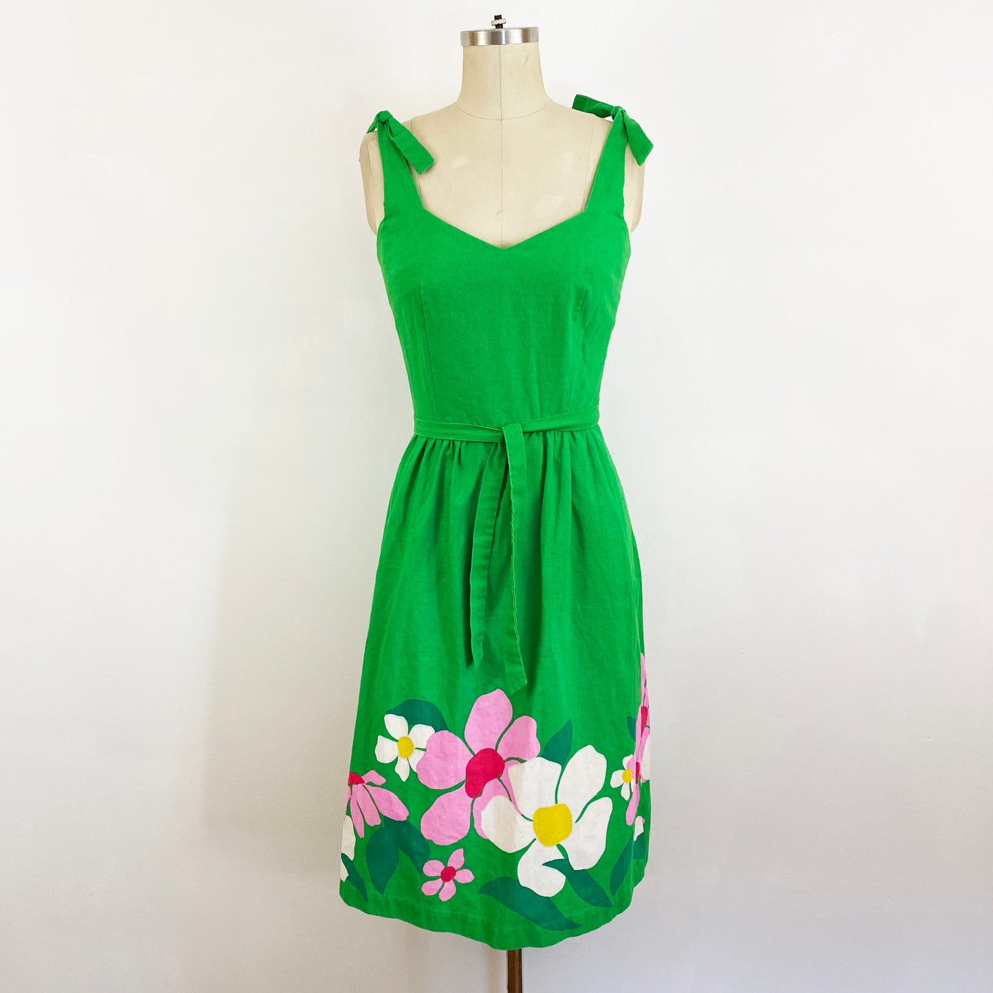 1960s Malia Honolulu Green Cotton Floral Boarder Print Sundress A-line Flower Power Hawaii Tiki Dress / Extra Small