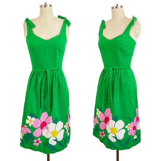 1960s Malia Honolulu Green Cotton Floral Boarder Print Sundress A-line Flower Power Hawaii Tiki Dress / Extra Small