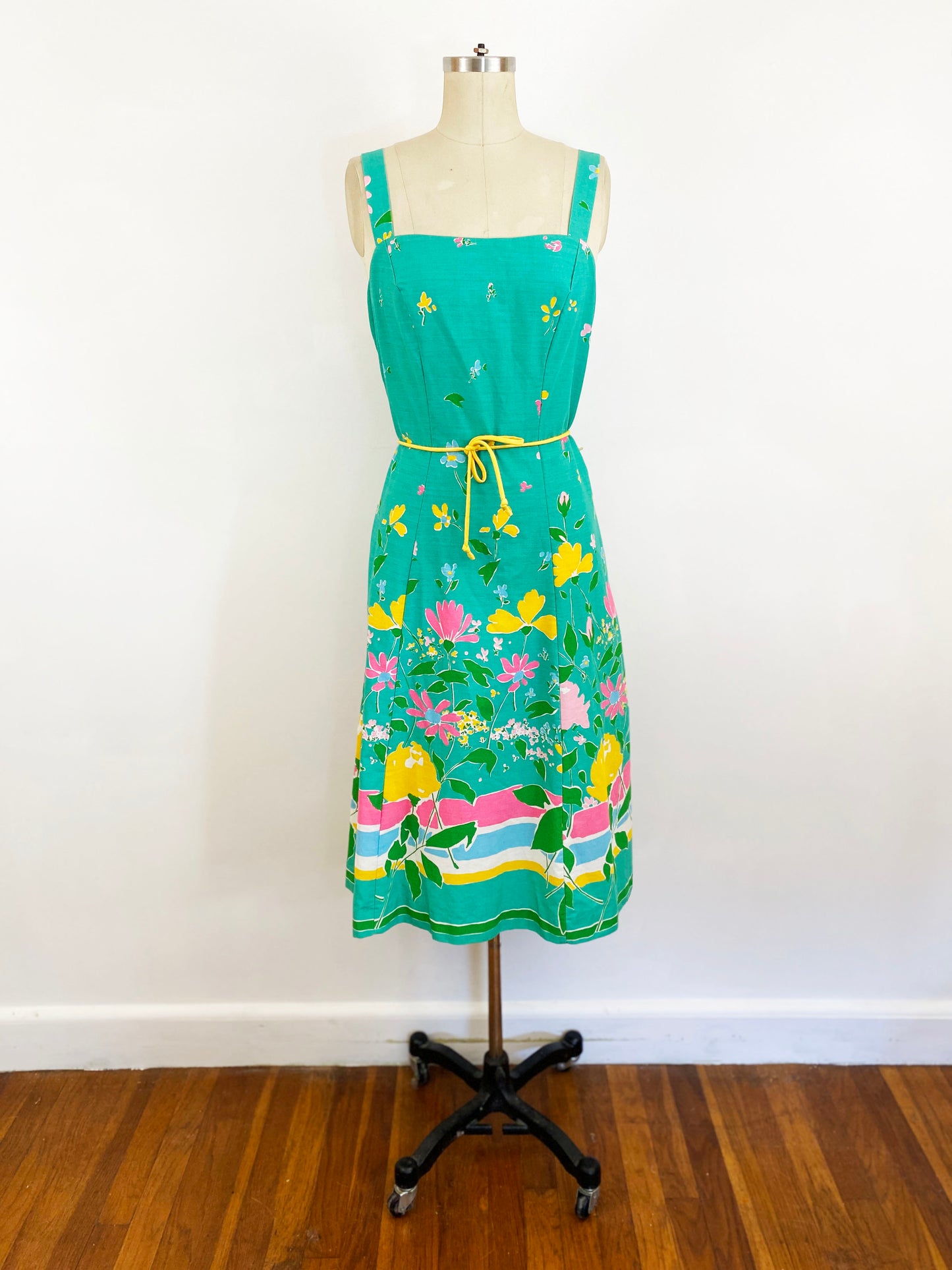 1980s Turquoise and Rainbow Floral Boarder Print A-line Sundress Vintage / Size M/L