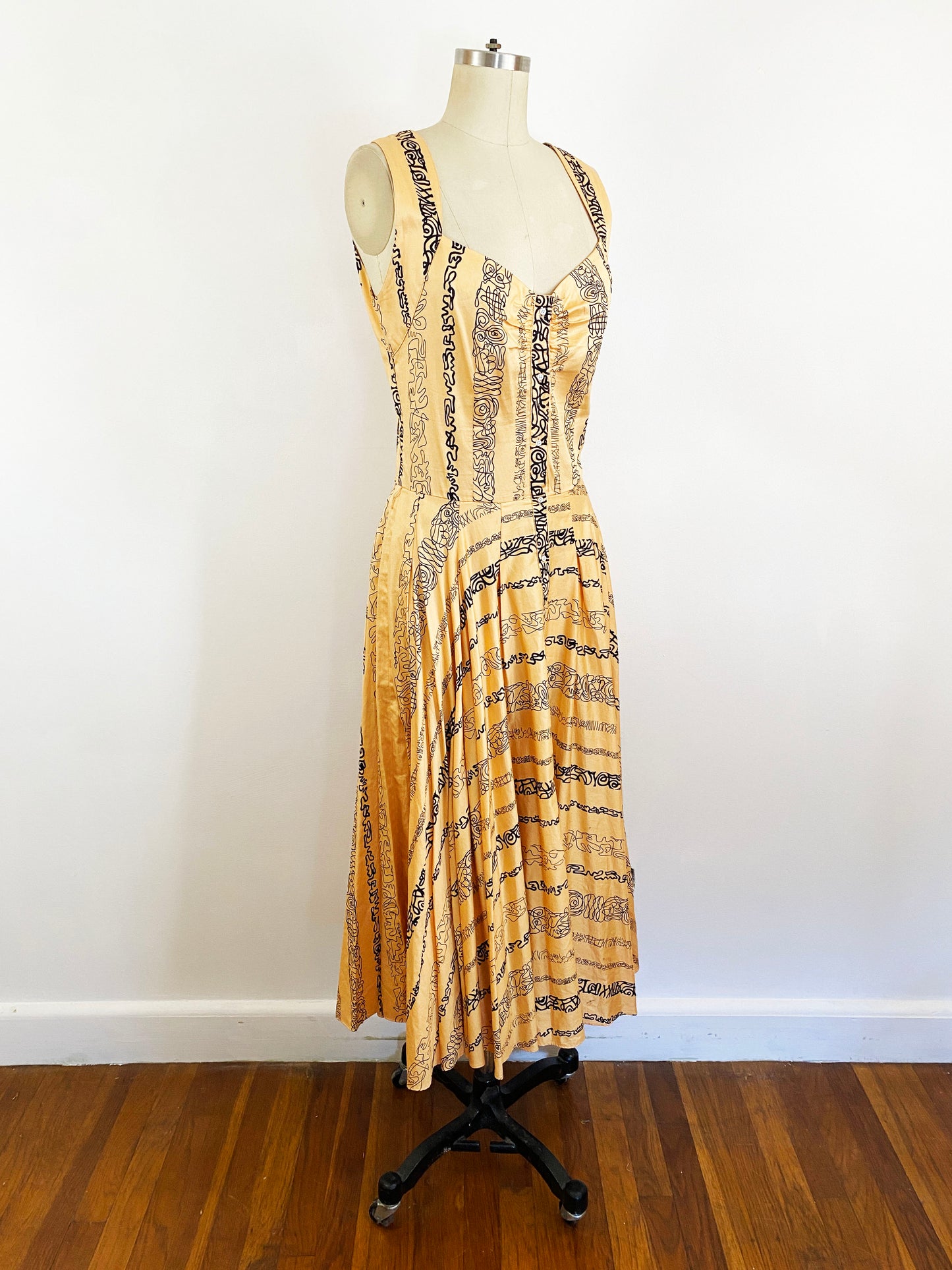 1990s Nicole Miller Squiggle Line Striped Print Sundress Limited Edition Light Orange and Black Retro Style Circle Skirt / Large 12