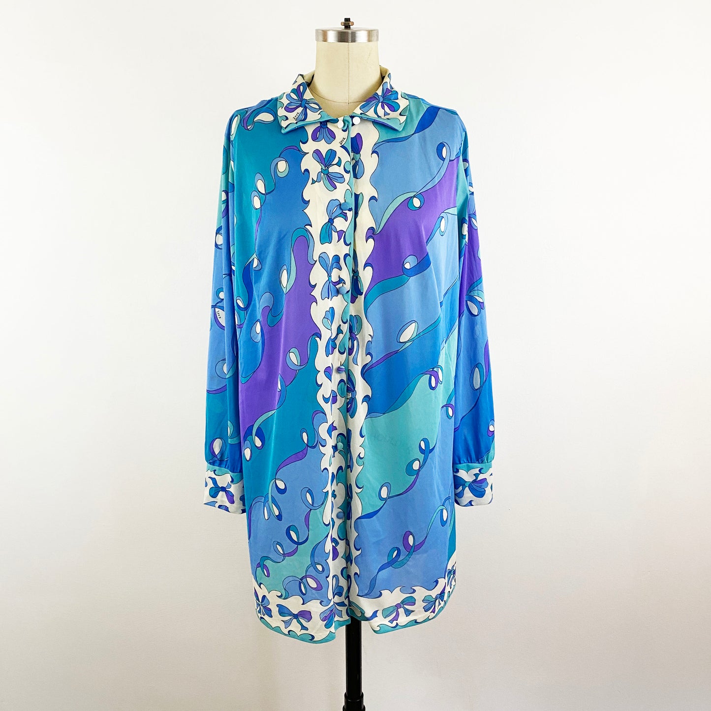 1960-1970s Emilio Pucci Nylon Mini Shirt Dress / Form Fit Rogers / Blue White Green Mod Nightgown Sleepwear Kaleidoscopic / Medium Large