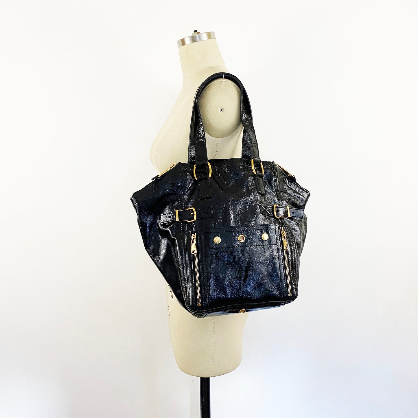 2008 Yves Saint Laurent Rive Gauche Downtown Bag Black Patent Leather Tote YSL Vintage Purse