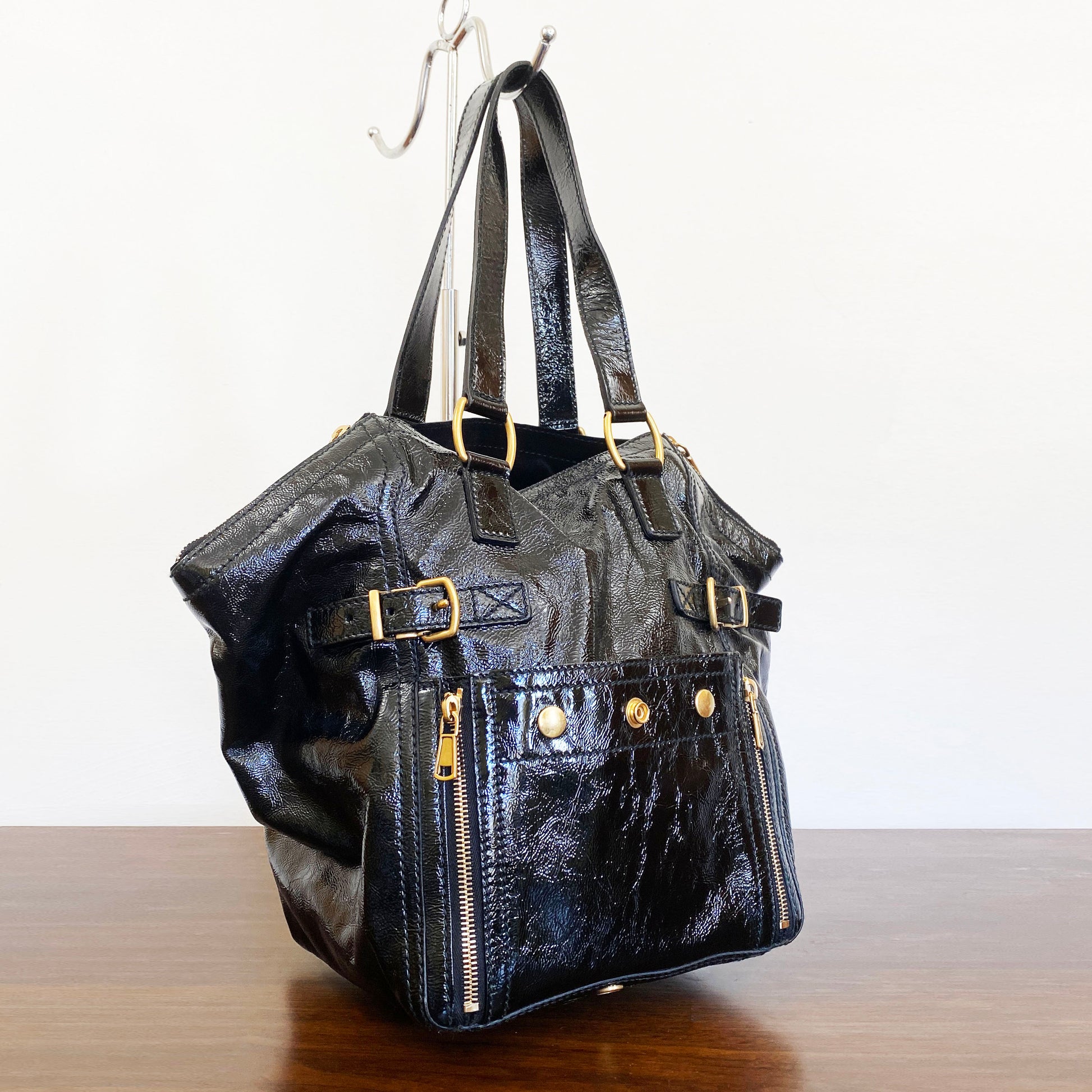 YSL Yves Saint Laurent Downtown Black Patent Leather Clean Excellent  Condition