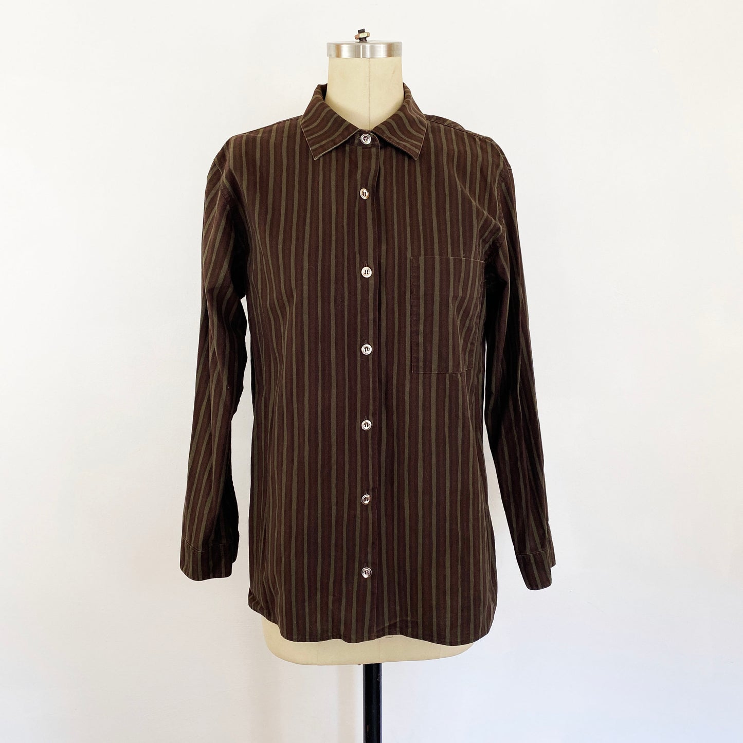 1990s Marimekko Brown and Olive Green Piccolo Striped Long Sleeve Shirt Jokamies Minimalist / Men's Medium / Women's Large