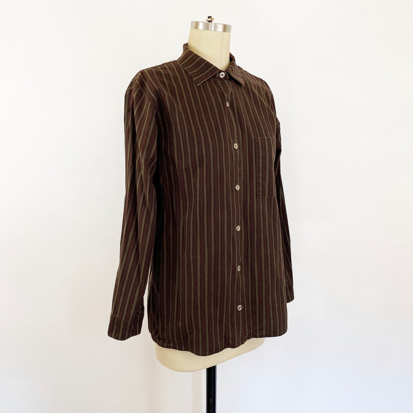 1990s Marimekko Brown and Olive Green Piccolo Striped Long Sleeve Shirt Jokamies Minimalist / Men's Medium / Women's Large