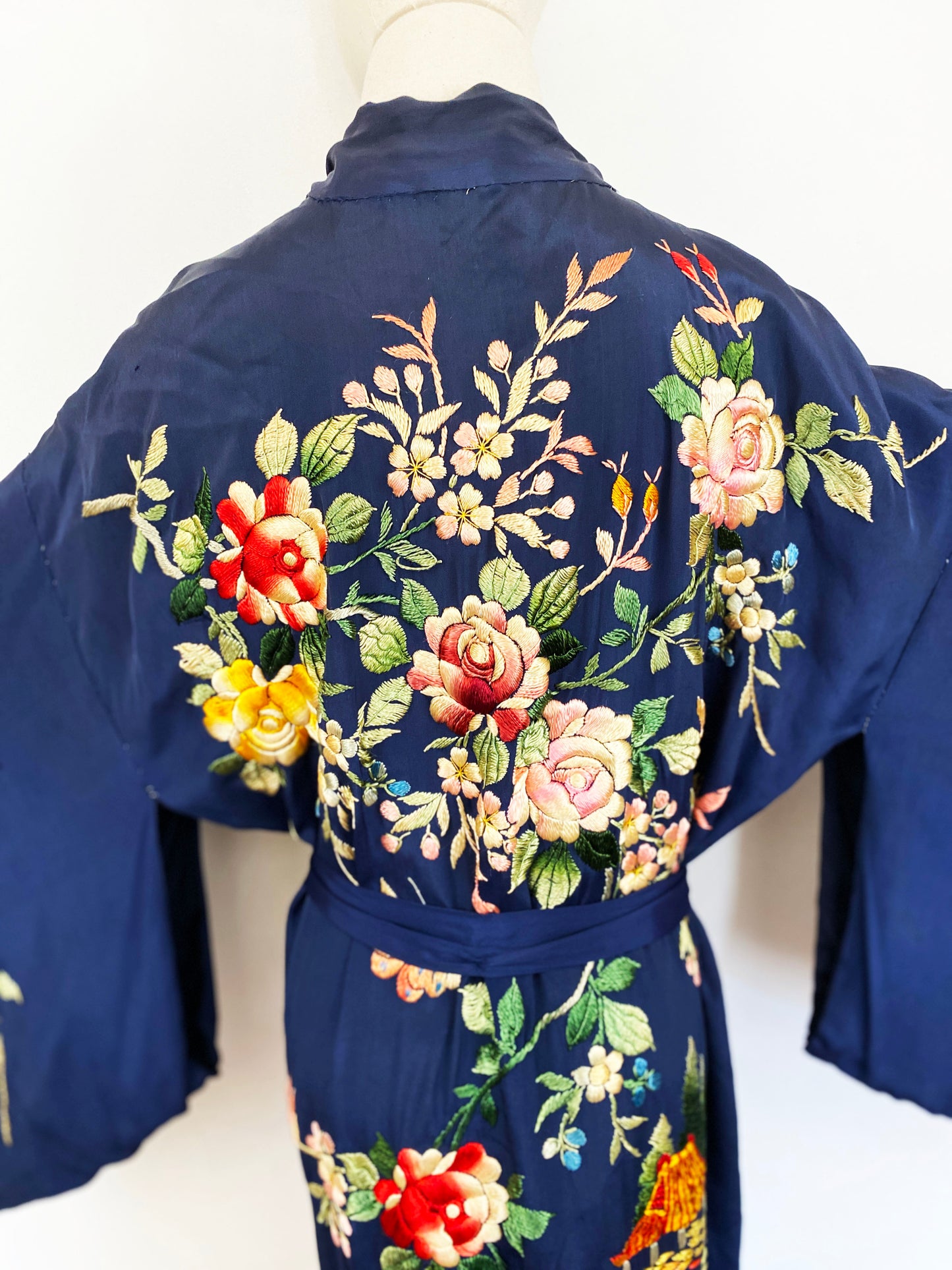 1930-1940s Navy Floral Hand Embroidered Japanese Kimono Rayon Art Nouveau Robe / One Size Fits Most