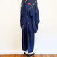 1930-1940s Navy Floral Hand Embroidered Japanese Kimono Rayon Art Nouveau Robe / One Size Fits Most