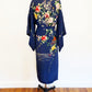 1930-1940s Navy Floral Hand Embroidered Japanese Kimono Rayon Art Nouveau Robe / One Size Fits Most