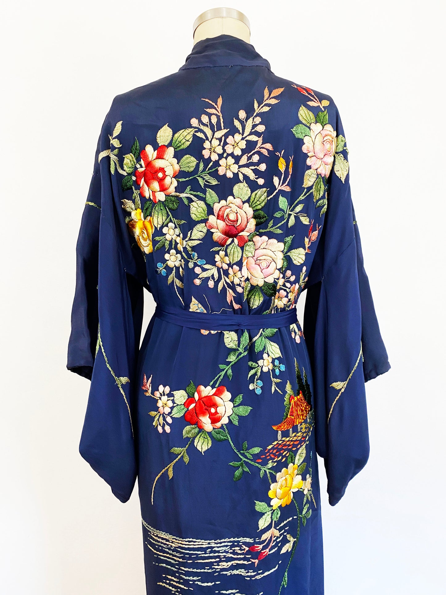 1930-1940s Navy Floral Hand Embroidered Japanese Kimono Rayon Art Nouveau Robe / One Size Fits Most