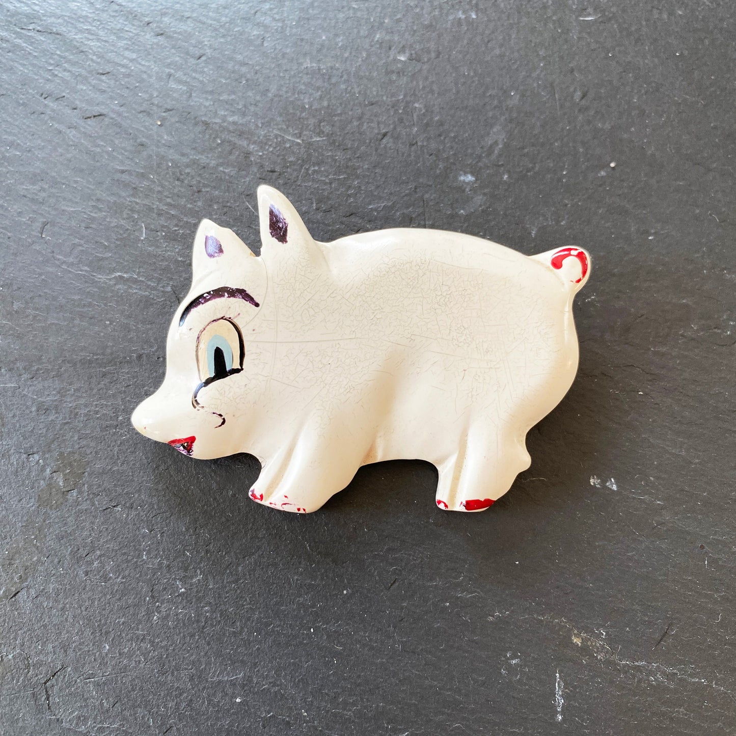 1940-1950’s Bakelite Galalith White Big Eyed Pig Piggy Pin Brooch by Martha Sleeper Rare Vintage Retro Collectable