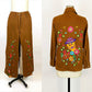 1970's Flower Power Embroidered Brown Cotton Jacket and High Waisted Bell Bottoms Psychedelic Floral Boho Unique / Dottie Did It / Size Small