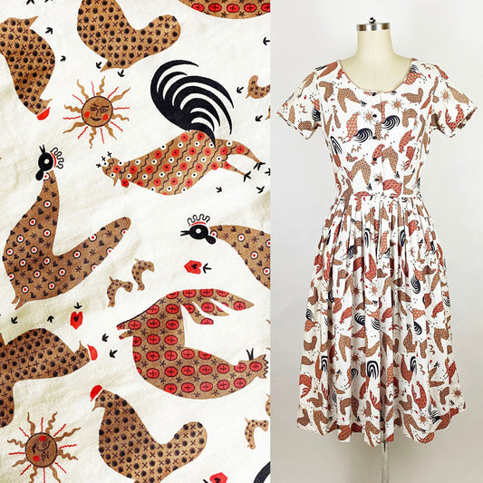 1950's Novelty Print Chicken Roosters Fit and Flare Dress Cotton Retro 50s Mid Century Rockabilly Vintage Robbie Reid / Extra Small / 24" Waist