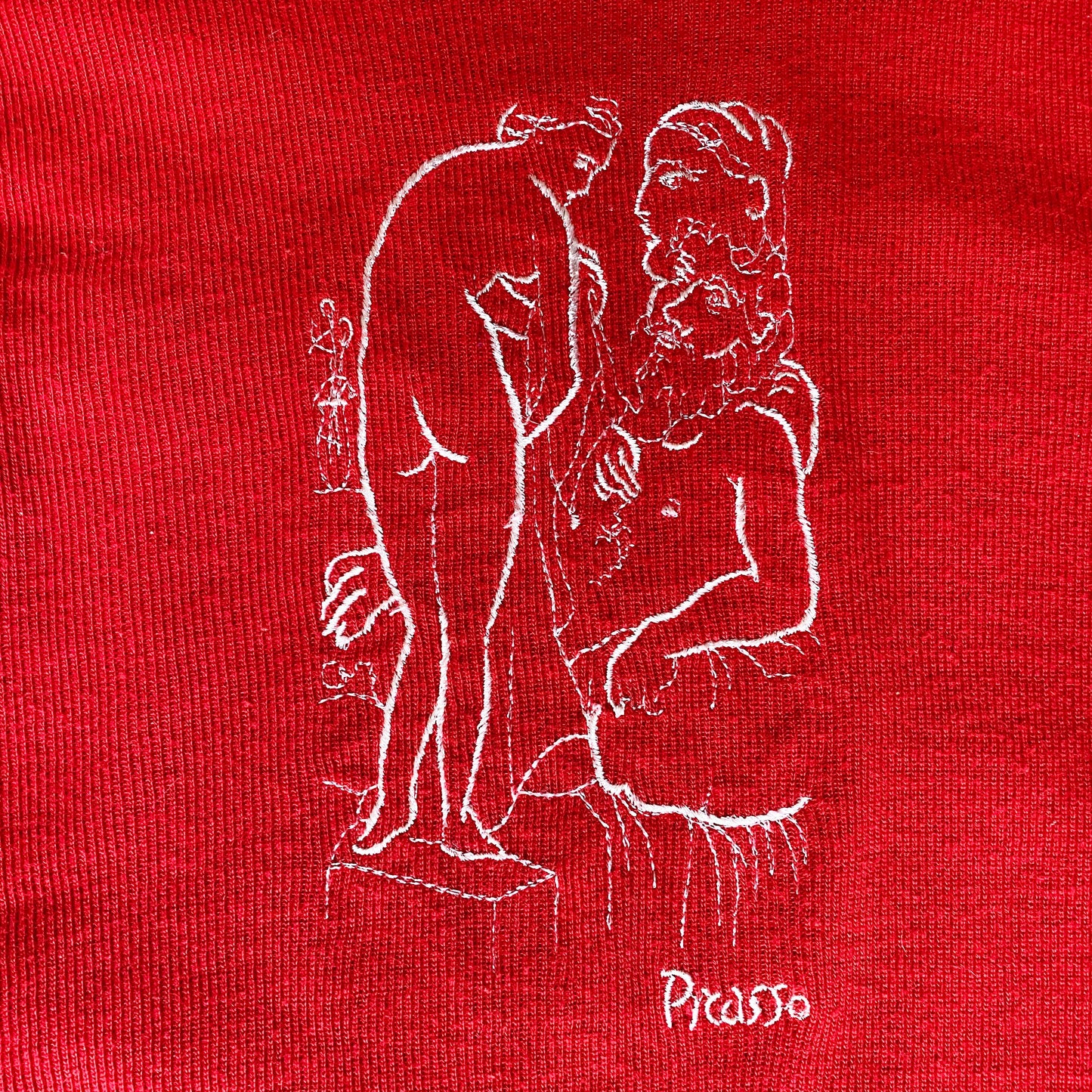 1970-1980s Pablo Picasso Figure Drawing Embroidered Red White Sweater Vintage 70s 80s Rare Knit Cezar Top Artist Art / Unisex Size Small