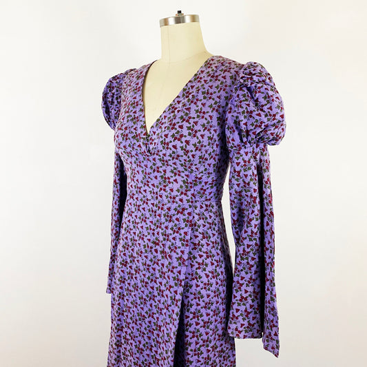 1970s India Imports Cotton Purple Floral Dress Block Print India Dress Juliet Sleeve Bell Sleeve Hippie Prairie Peasant Dress / Size Small