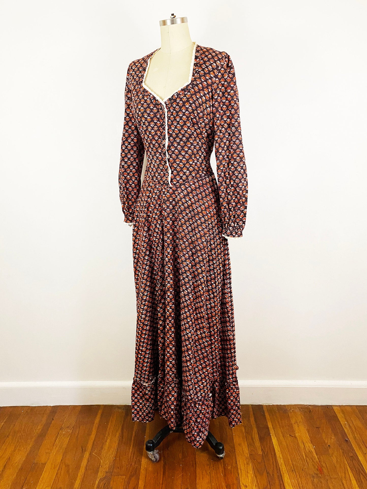 1970s India Imports Cotton Prairie Maxi Dress Block Print Hippie Romantic Peasant Boho Prairie Dress Black Orange / Size Medium 8