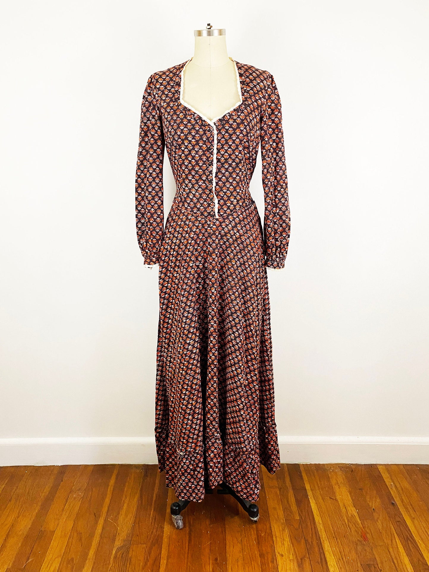 1970s India Imports Cotton Prairie Maxi Dress Block Print Hippie Romantic Peasant Boho Prairie Dress Black Orange / Size Medium 8