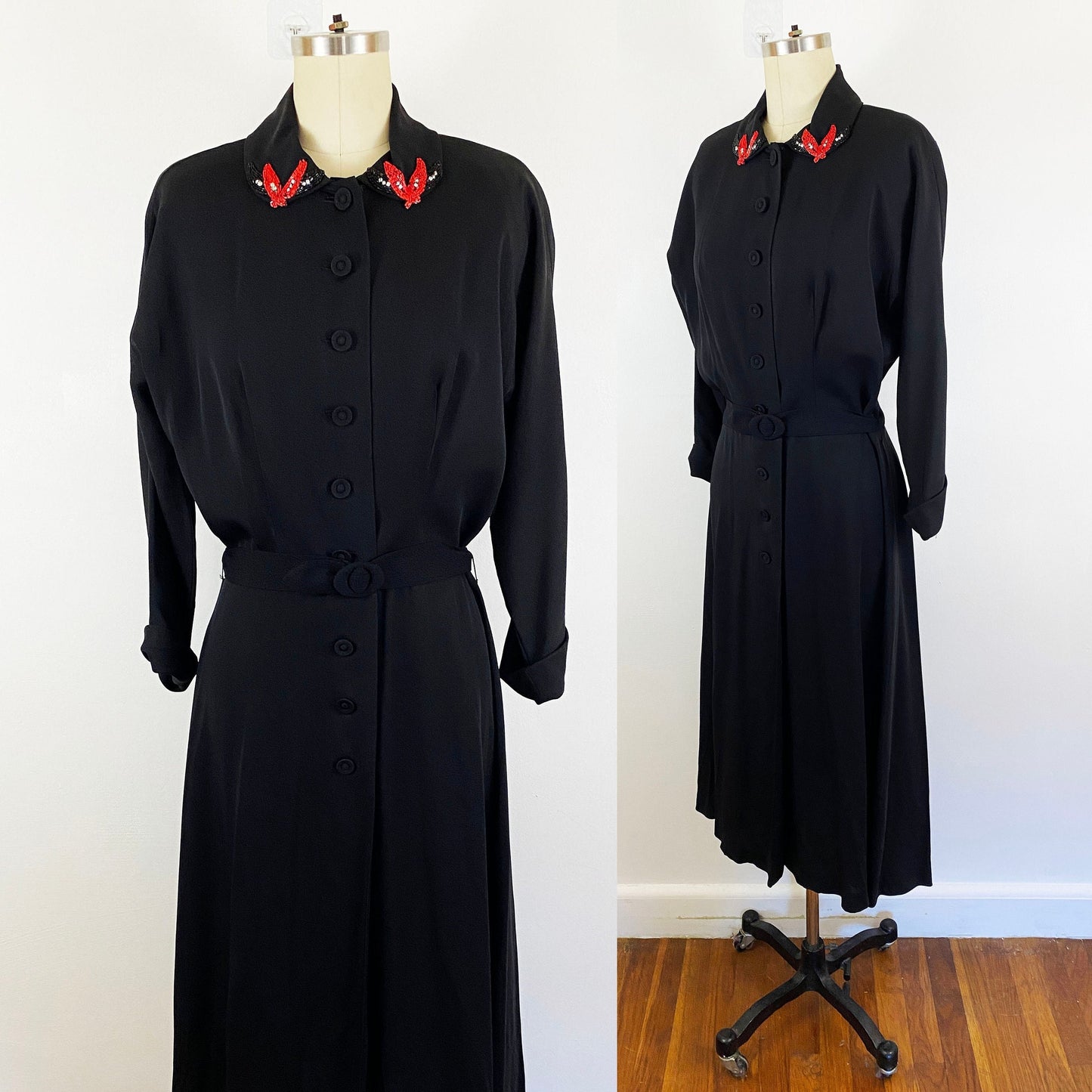1940's Paul Sachs Black Rayon Shirtwaist Gown with Sequin Peter Pan Collar A-line Dress Goth Vamp 40’s Sexy Retro Vintage / Size Medium 8/10