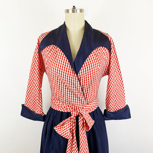 1940s Red and White Gingham Navy Taffeta Wrap Maxi Dress Gown Retro 40s Goddess Pin Up Vintage Patriotic / Flobert / Size Small 4/6