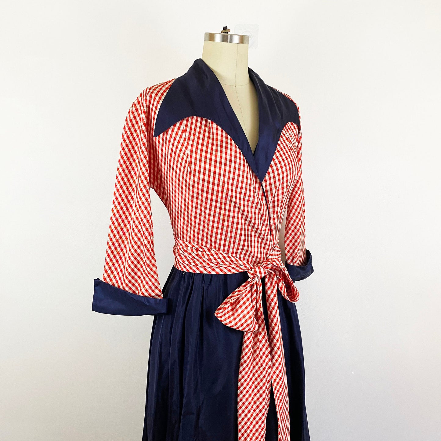 1940s Red and White Gingham Navy Taffeta Wrap Maxi Dress Gown Retro 40s Goddess Pin Up Vintage Patriotic / Flobert / Size Small 4/6