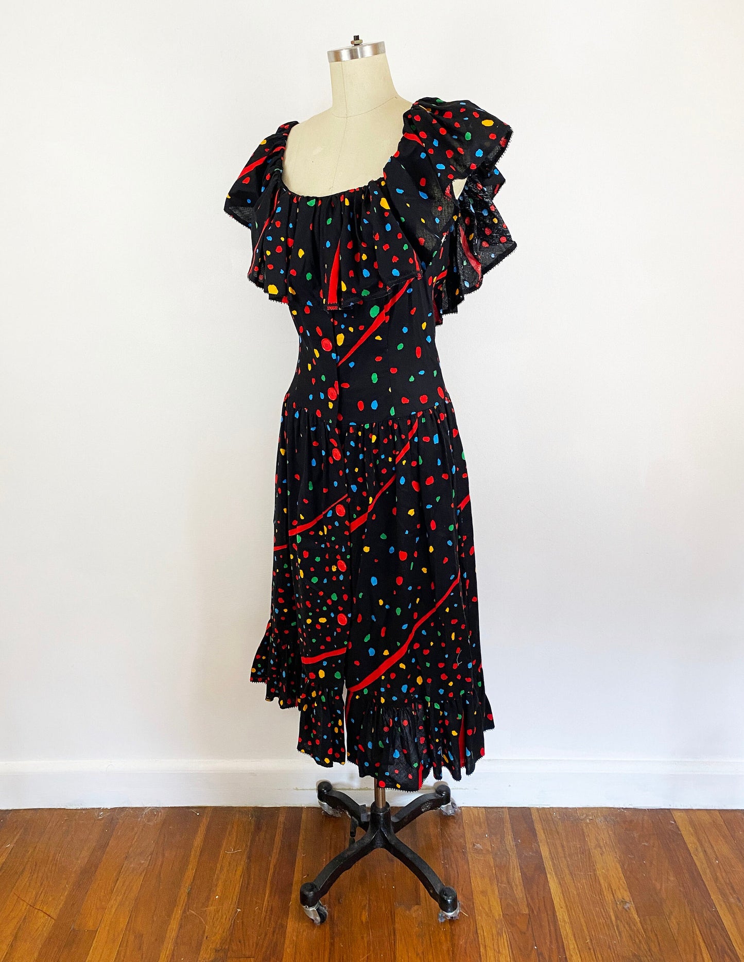 1980s Bill Blass Midi Dress Red Black Polka Dot Striped Cotton Ruffle Collar Sundress 80s Playful Fit Flare Cha Cha Party Vintage / Size Small 6