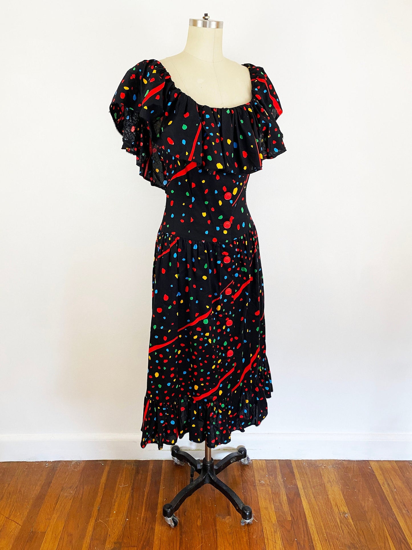 1980s Bill Blass Midi Dress Red Black Polka Dot Striped Cotton Ruffle Collar Sundress 80s Playful Fit Flare Cha Cha Party Vintage / Size Small 6