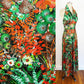 1970's Tropical Floral Print Halter Bias Maxi Dress Jersey Disco Vintage Sexy Psychedelic 70s Boho Green Orange Plants / Size Small/Medium