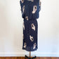 1970s Nicole Miller Micro Pleated Plisse Novelty Print Dress Navy Hand Holding Fish Scoop Back Unique Limited Edition / P.J. Walsh / Size Medium