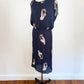 1970s Nicole Miller Micro Pleated Plisse Novelty Print Dress Navy Hand Holding Fish Scoop Back Unique Limited Edition / P.J. Walsh / Size Medium
