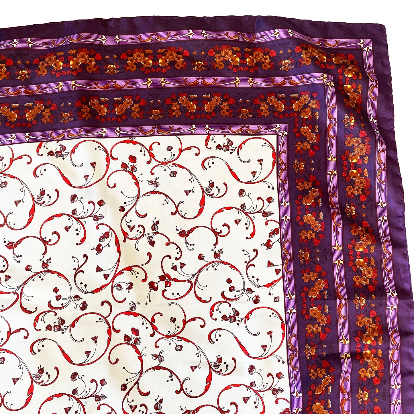 1970-1980s Pierre Balmain Silk Twill Purple White Gold Paisley Floral Large Square Scarf Made in France Head Scarf Designer Scarf Top