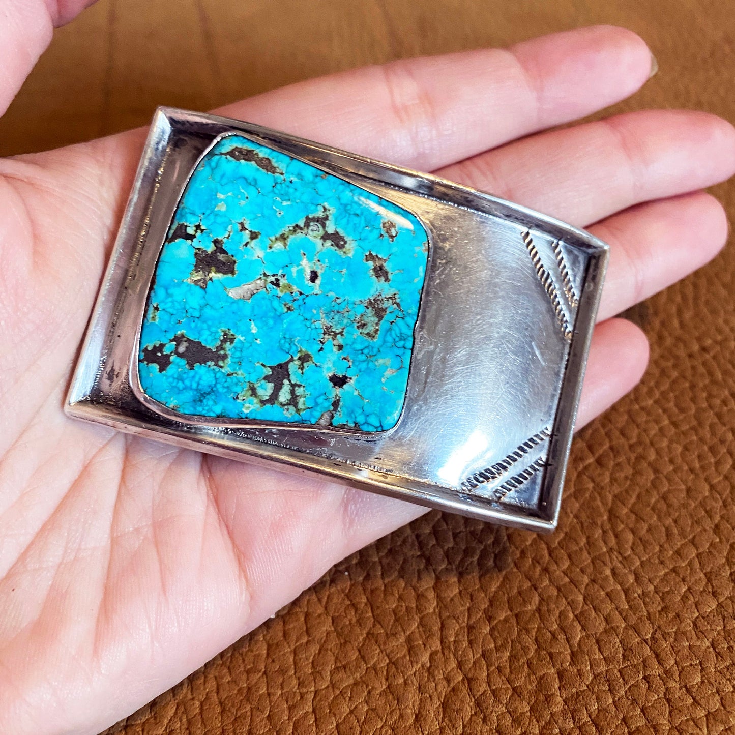 1970s Slab Natural Turquoise and Sterling Silver Rectangle Stamped Belt Buckle 925 Navajo Native American Boho Southwest Western Gift