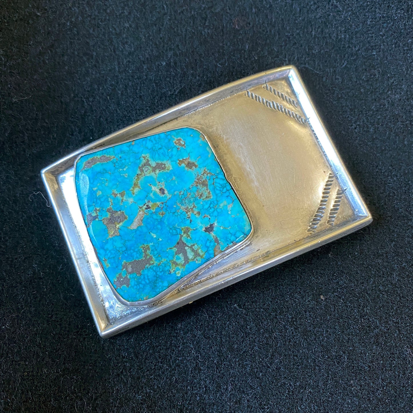 1970s Slab Natural Turquoise and Sterling Silver Rectangle Stamped Belt Buckle 925 Navajo Native American Boho Southwest Western Gift