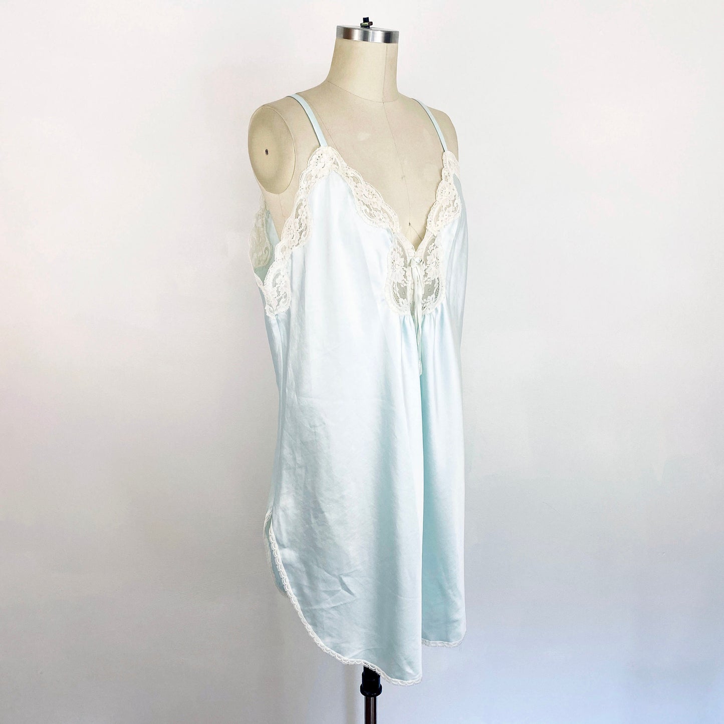 1980s Christian Dior Light Blue Silky Stain Lace Chemise Slip Robe Set Peignoir Sexy Lingerie Sleepwear Romantic DIOR / Size Medium/Large