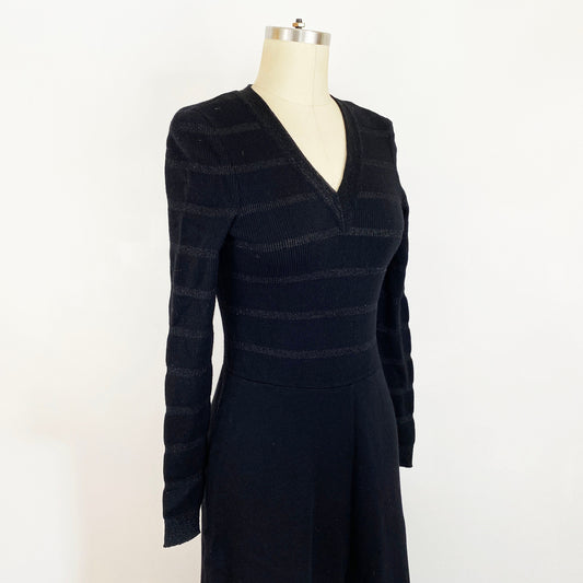 1970's Black Wool and Metallic Knit Striped Sweater Dress Bohemian Boho Chic Hippie Knit A-line Maxi Goth Rocker / Daniela Italy / Size Medium