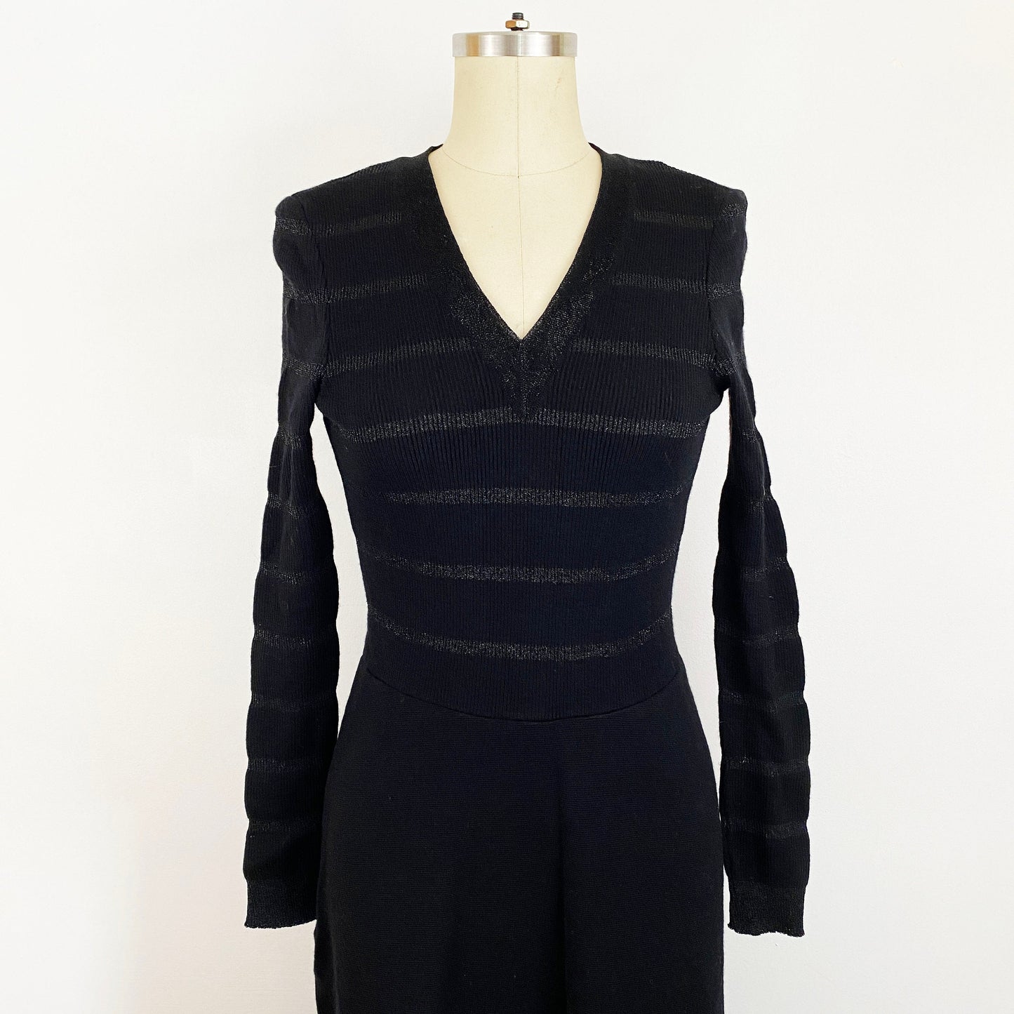 1970's Black Wool and Metallic Knit Striped Sweater Dress Bohemian Boho Chic Hippie Knit A-line Maxi Goth Rocker / Daniela Italy / Size Medium