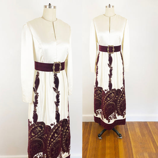 1960s Ivory White Satin and Maroon Velvet and Gold Appliqué Paisley Maxi Formal Dress Romantic Ornate Cocktail Retro / Killi Hart / Size Medium