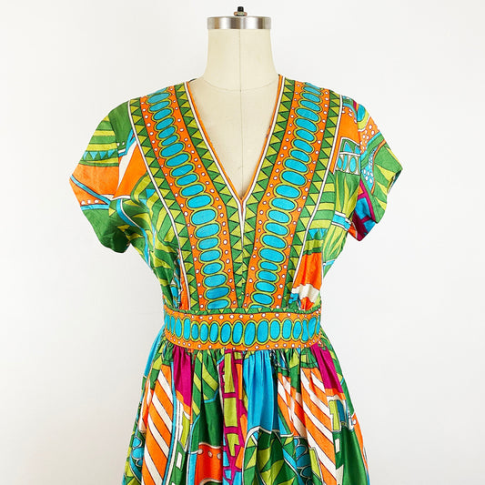 1960s Kaleidoscopic Geometric Mod Short Sleeve Maxi Dress Psychedelic 60s Abstract Go Go Acetate Unique Green Orange Blue / Size Medium