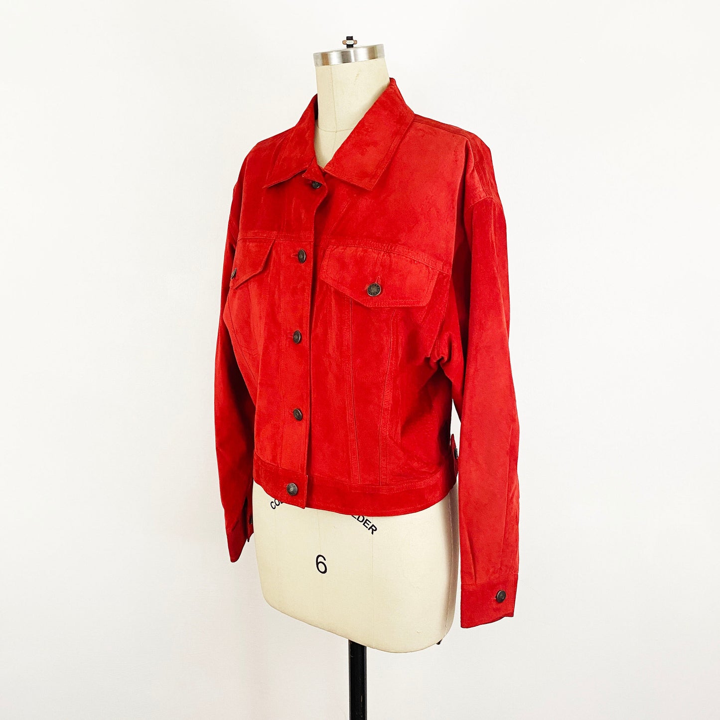 1980s Gucci Bright Red Suede Leather Trucker Jacket and Pencil Skirt Set Italian Designer Rocker Streetwear Minimalist / Size Medium 8/10