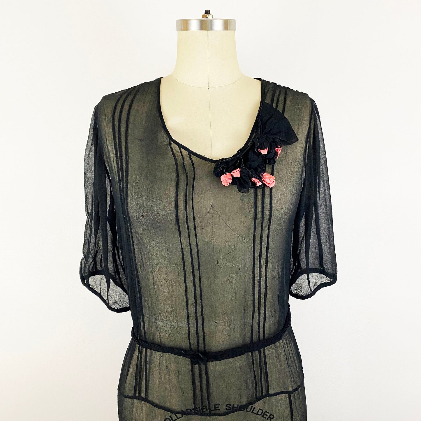 1920-1930's Black Chiffon Crepe Pin Tuck Dress Flapper Art Deco Sheer Goth Vamp Sexy Romantic Great Gatsby / Size Medium