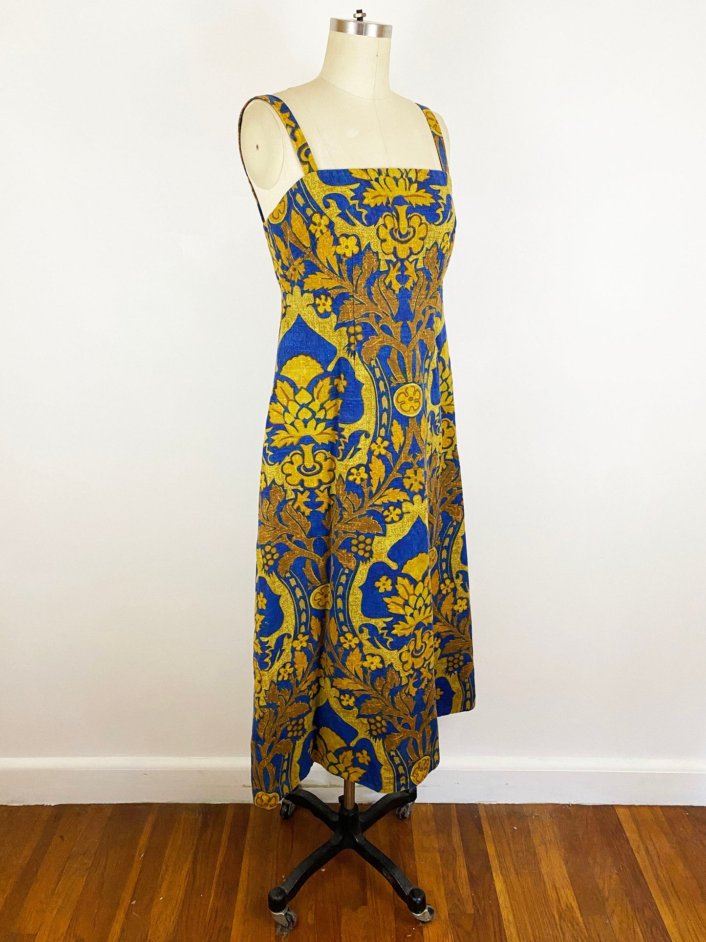 1960s Blue and Gold Art Nouveau Scroll Damask Symmetrical Cotton Maxi Dress A-line Romantic Fantasy Boho / Junior Sophisticates / Size Small