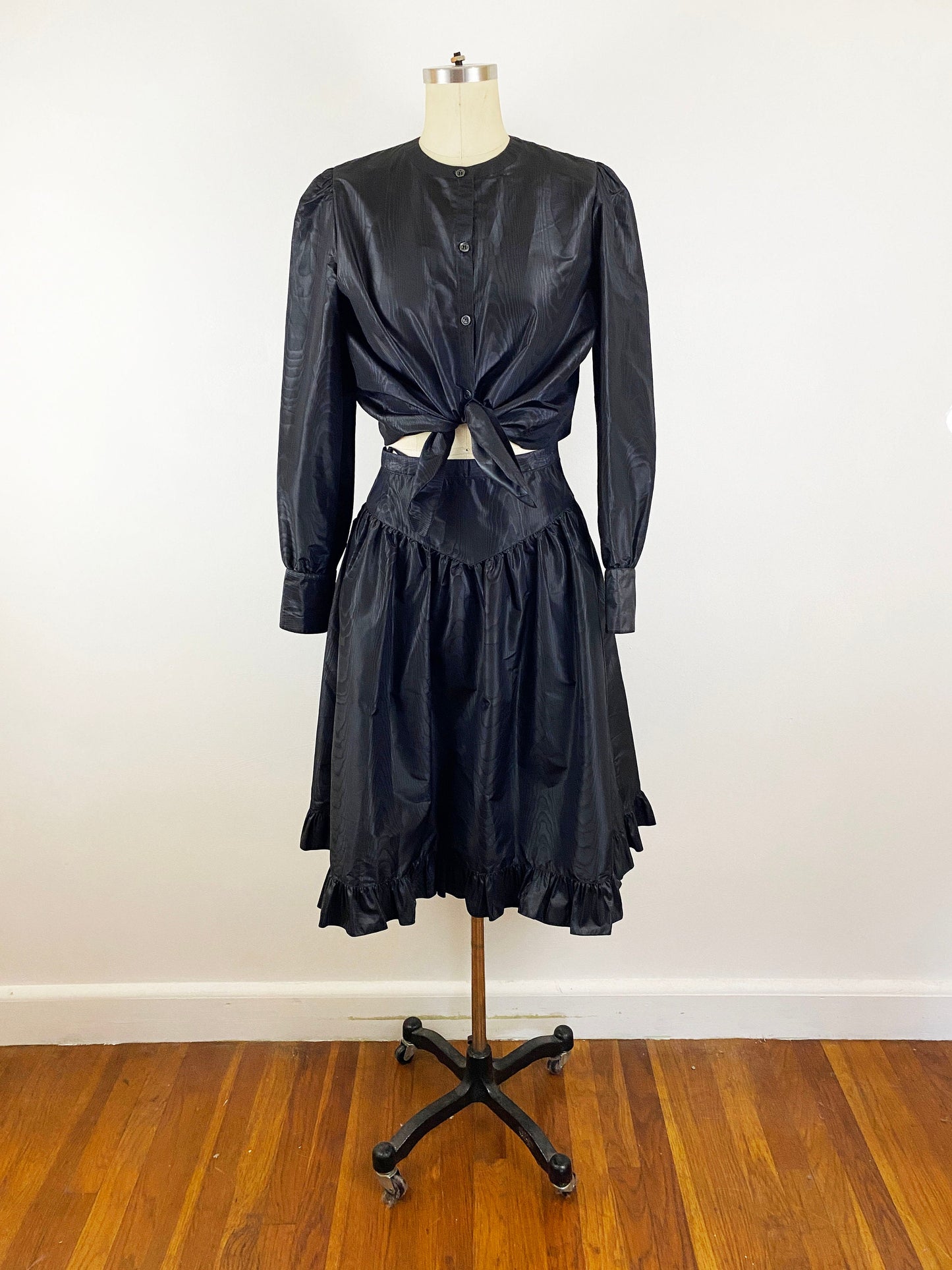 1970-1980's Black Silk Taffeta Prairie Blouse and Skirt Set Dress Goth Vamp Boho Witchy Designer / Charles Jourdan / Muriel Grateau / Size Small 4/6