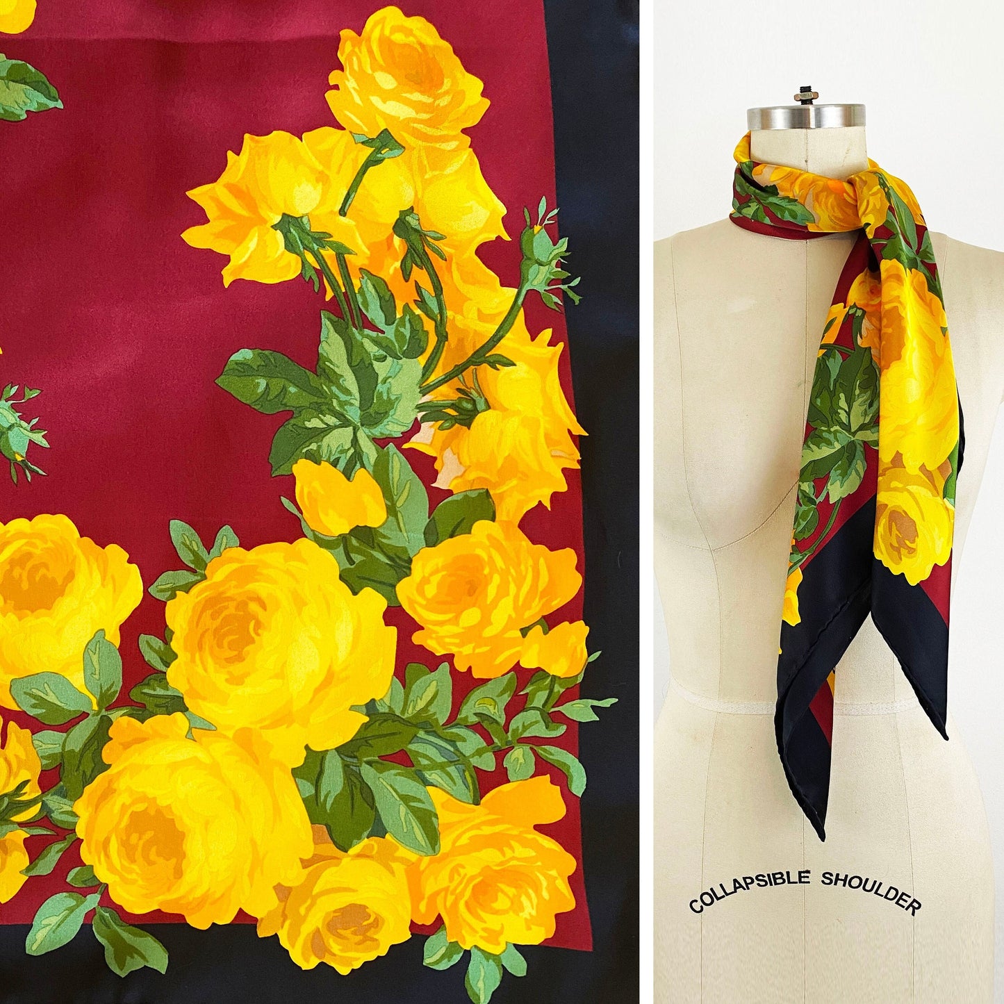 1990s Yves Saint Laurent Silk Twill Yellow Rose Scarf Large Square Made in Italy Floral Red Black Gold Romantic Gift YSL 90s Y2K