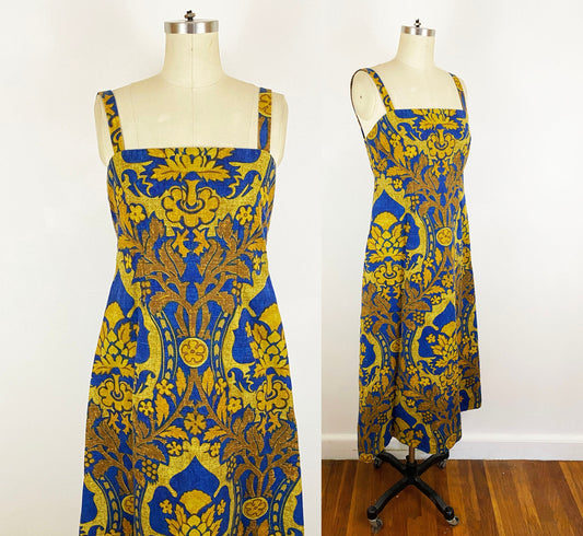 1960s Blue and Gold Art Nouveau Scroll Damask Symmetrical Cotton Maxi Dress A-line Romantic Fantasy Boho / Junior Sophisticates / Size Small