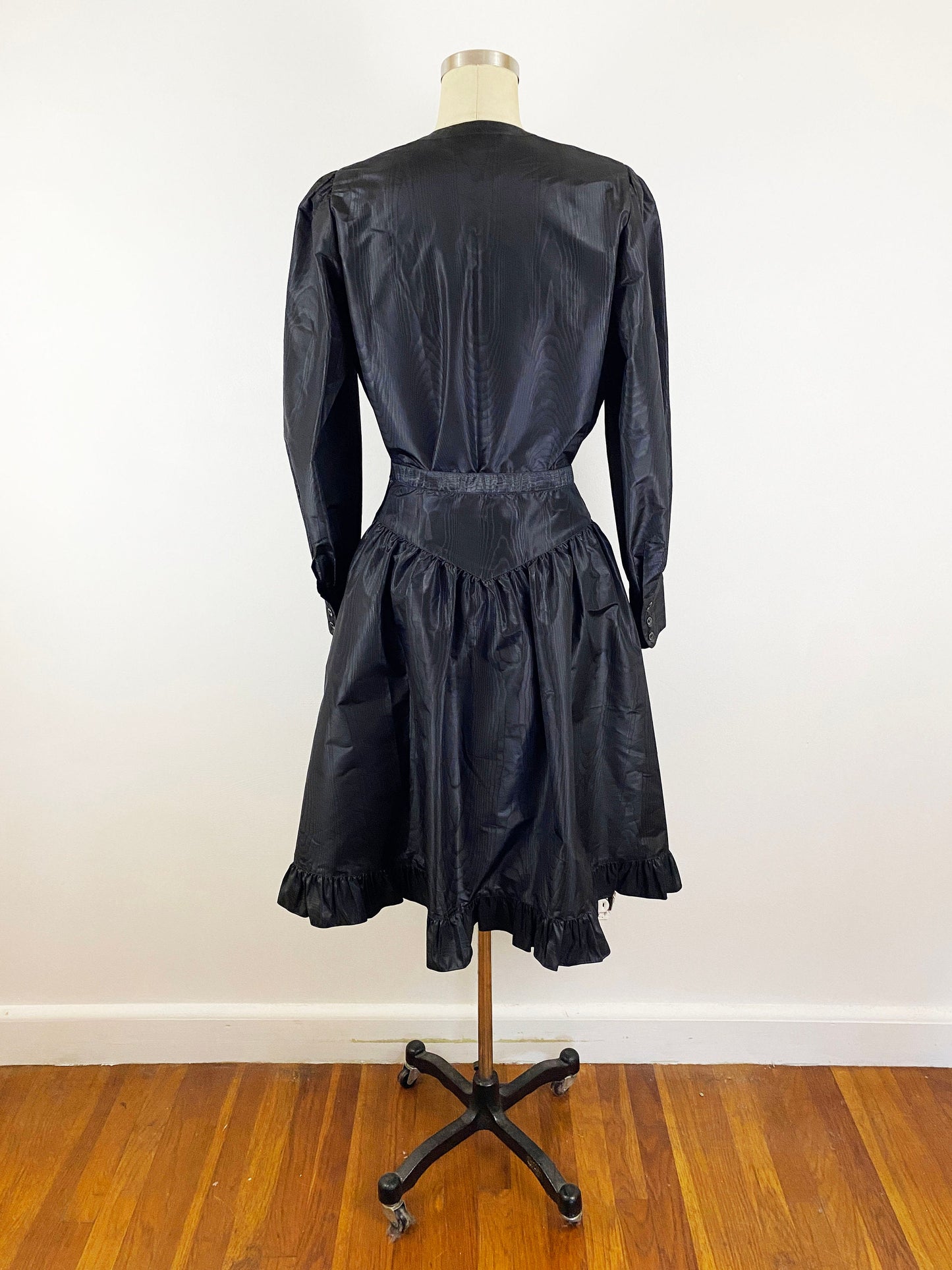 1970-1980's Black Silk Taffeta Prairie Blouse and Skirt Set Dress Goth Vamp Boho Witchy Designer / Charles Jourdan / Muriel Grateau / Size Small 4/6