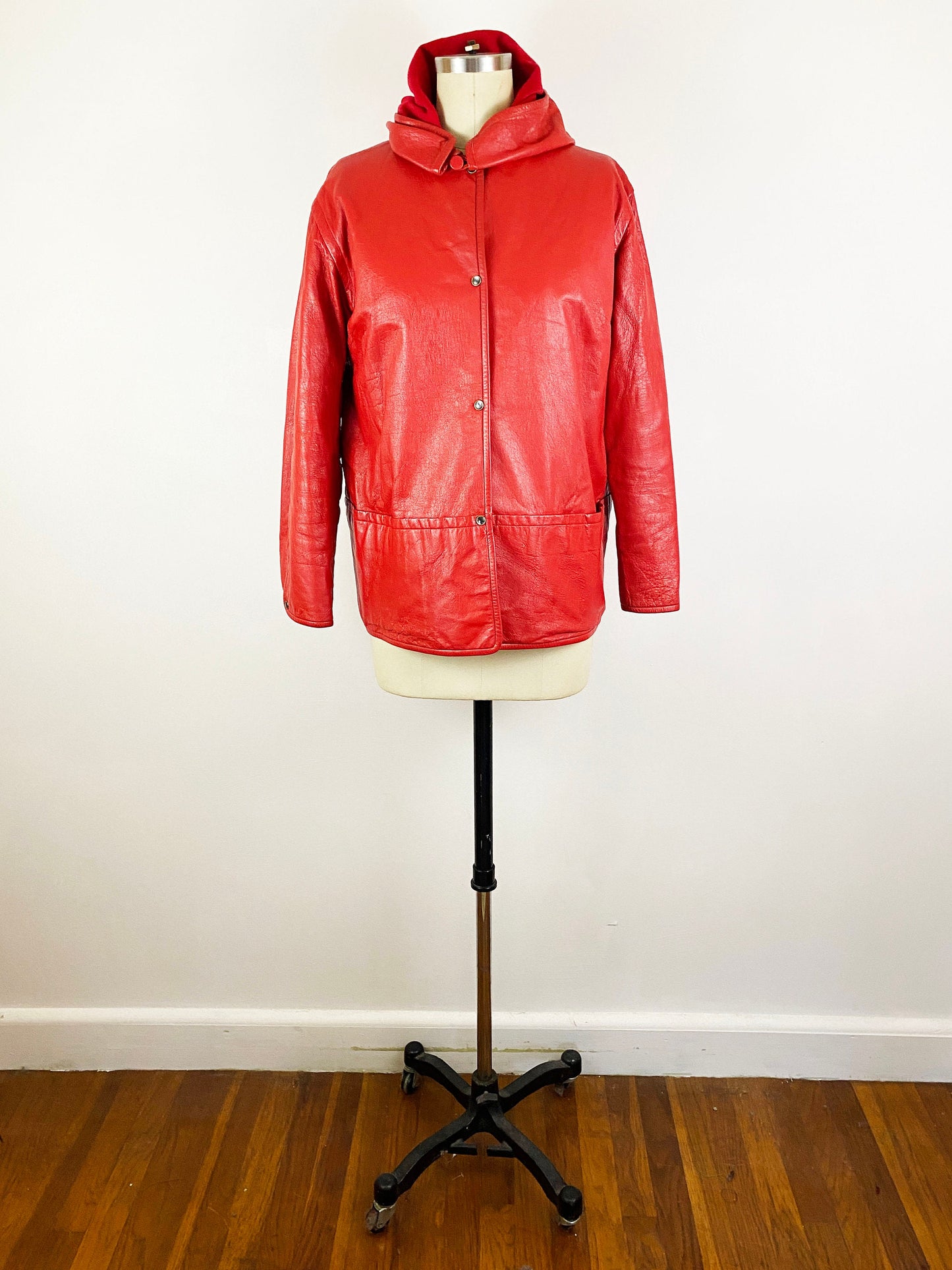 1960s Bonnie Cashin Sills Bright Red Glove Tanned Leather Hooded Jacket Pearl Snaps Car Coat Mod Minimalist Coach Wool Lined / Size Large