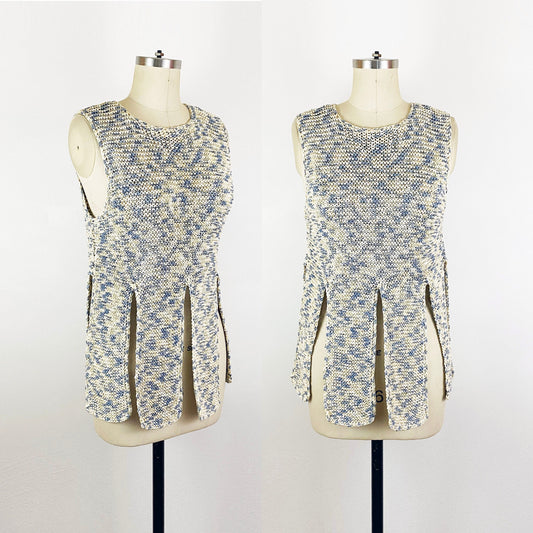 1970s Joan Vass NY Cotton Ribbon Knit Flap Sleeveless Art Sweater Car Wash Panels Bifurcated Peplum Unique Designer / One Size Fits Most
