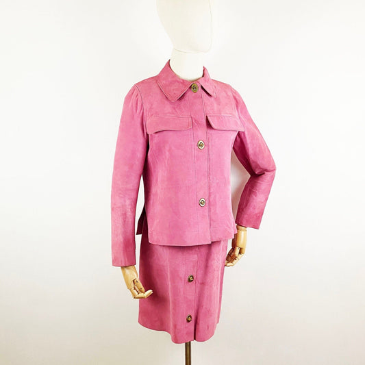 1960s Bonnie Cashin Sills Pink Rose Suede Leather Jacket and A-line Skirt Set Turn Lock Mod Minimalist Coach Designer Rare / Size Small