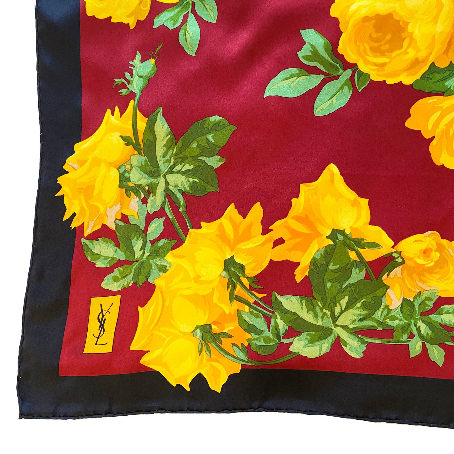 1990s Yves Saint Laurent Silk Twill Yellow Rose Scarf Large Square Made in Italy Floral Red Black Gold Romantic Gift YSL 90s Y2K