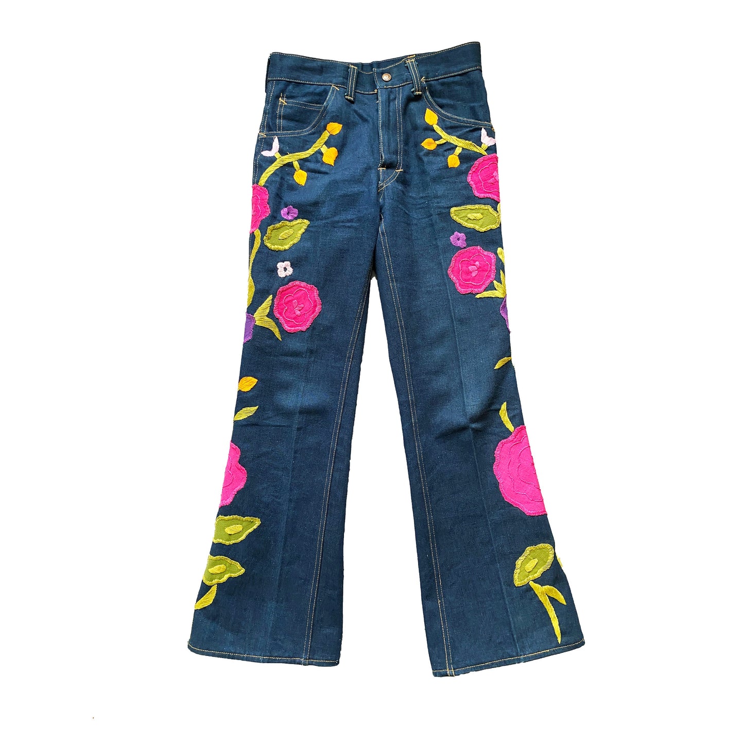 1970s Denim Floral Embroidered Jeans Flower Power Dark Wash Jeans Boho Hippie Flare Jeans Vintage Rocker / Size Medium 8/10